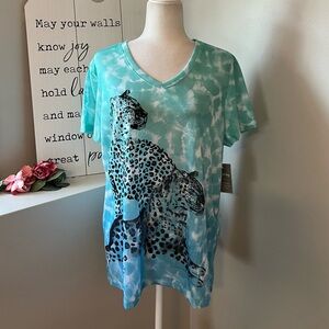 White Stag Tie Dye Cheetah V Neck Short Sleeve Tee, Size XL, NWT